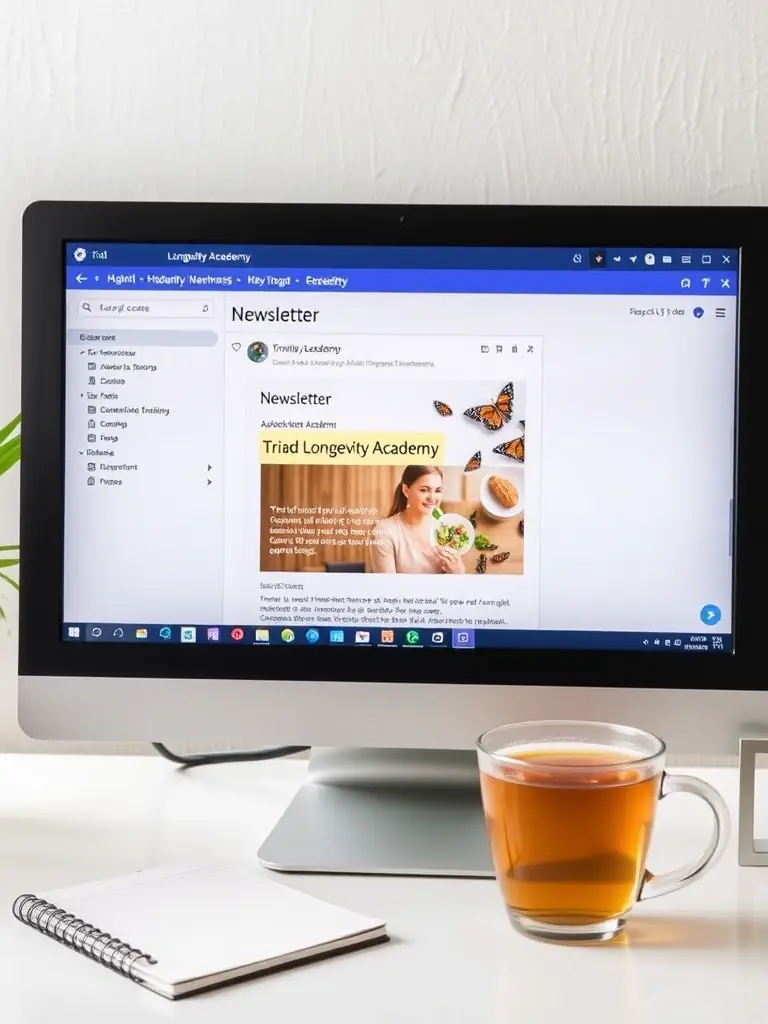 A clean and professional image of a newsletter landing in an inbox, highlighting key topics such as nutrition, physical activity, and mental wellness, promoting the comprehensive newsletter offered by Triad Longevity Academy.