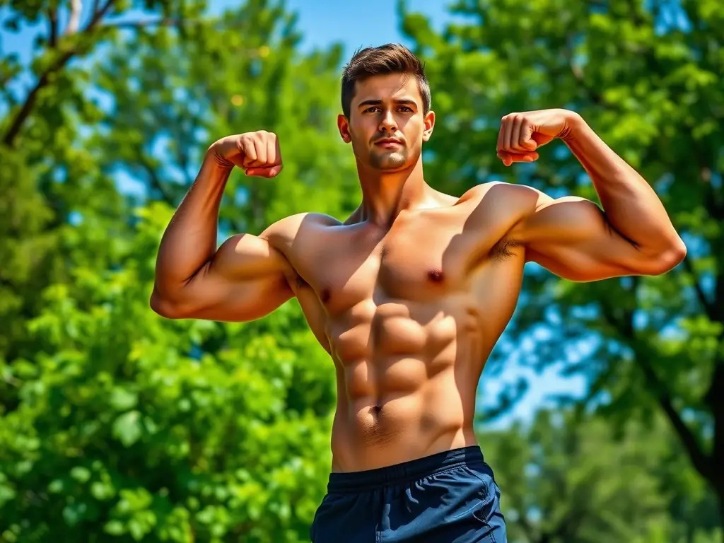 An action shot of a person engaged in a dynamic physical activity, such as weightlifting, yoga, or running in a park. The image should convey strength, energy, and the enjoyment of movement, highlighting the 'Muscle' aspect of the triad.