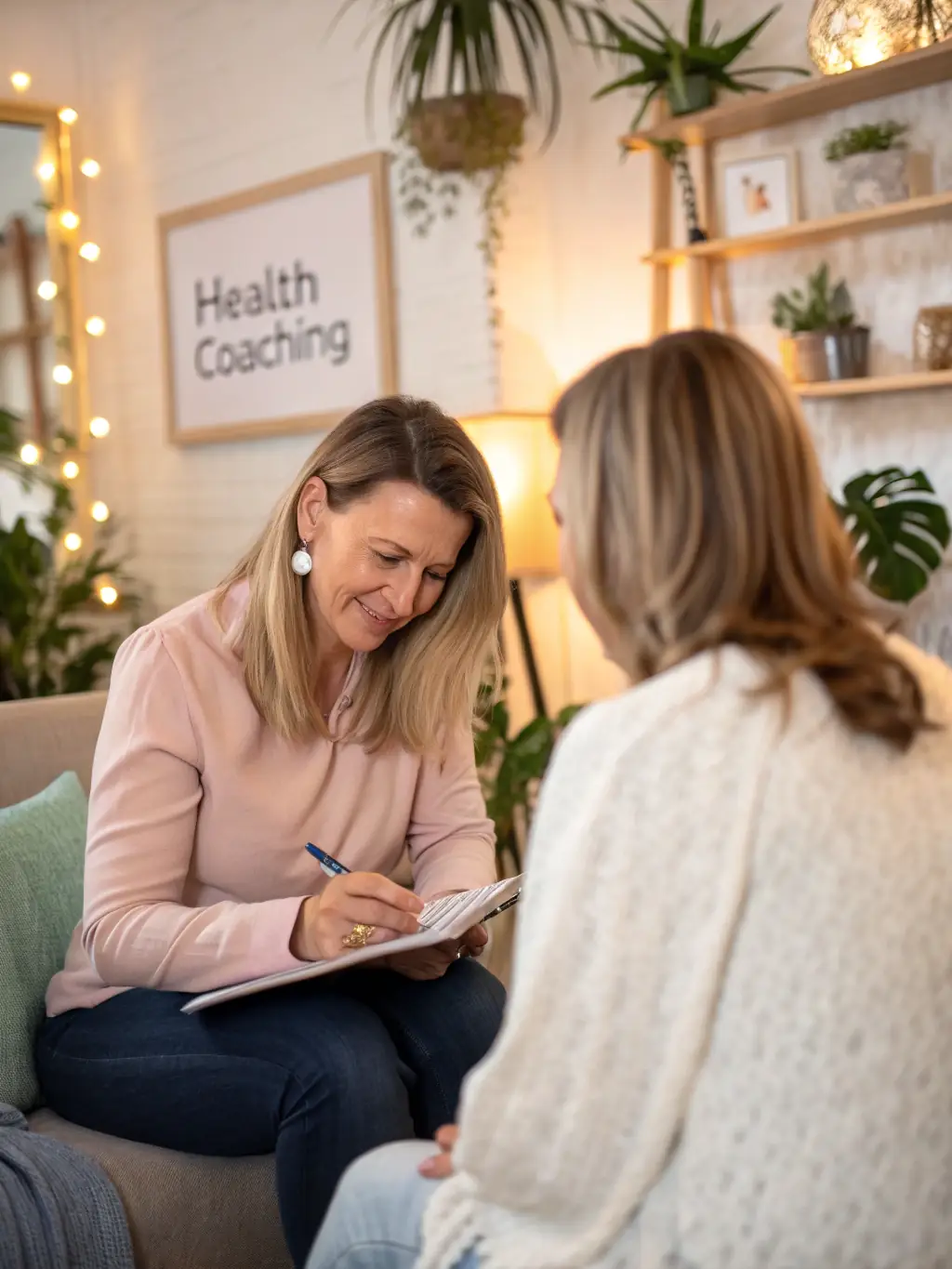 A health coach working one-on-one with a client in a serene environment, discussing personalized health goals and strategies.