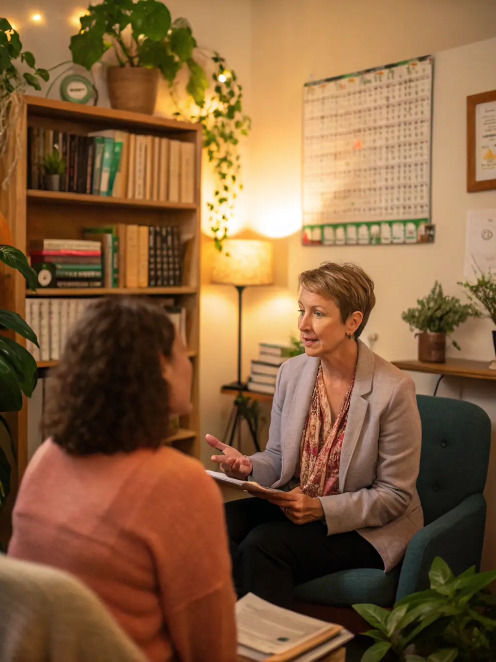 A vibrant image of a person consulting with a health coach, discussing meal plans and lifestyle adjustments, set in a modern, well-lit office environment, representing personalized health coaching at Triad Longevity Academy.