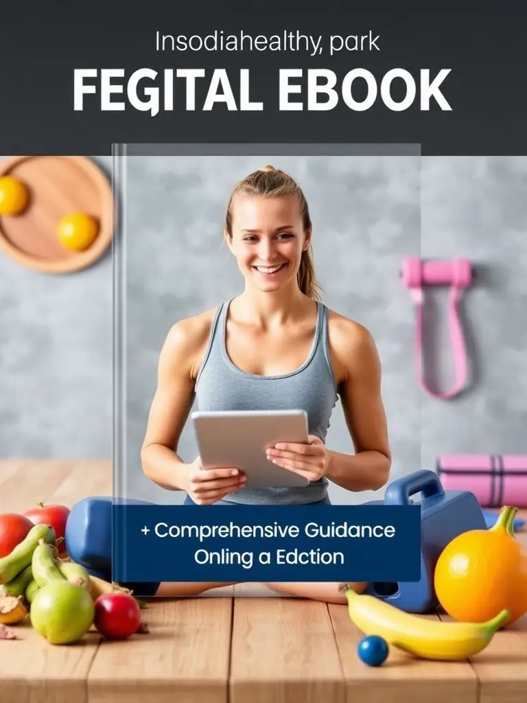 A visually appealing image of an e-reader displaying a health-related e-book, surrounded by healthy food items and exercise equipment, representing the educational resources available through Triad Longevity Academy's e-books and blogs.