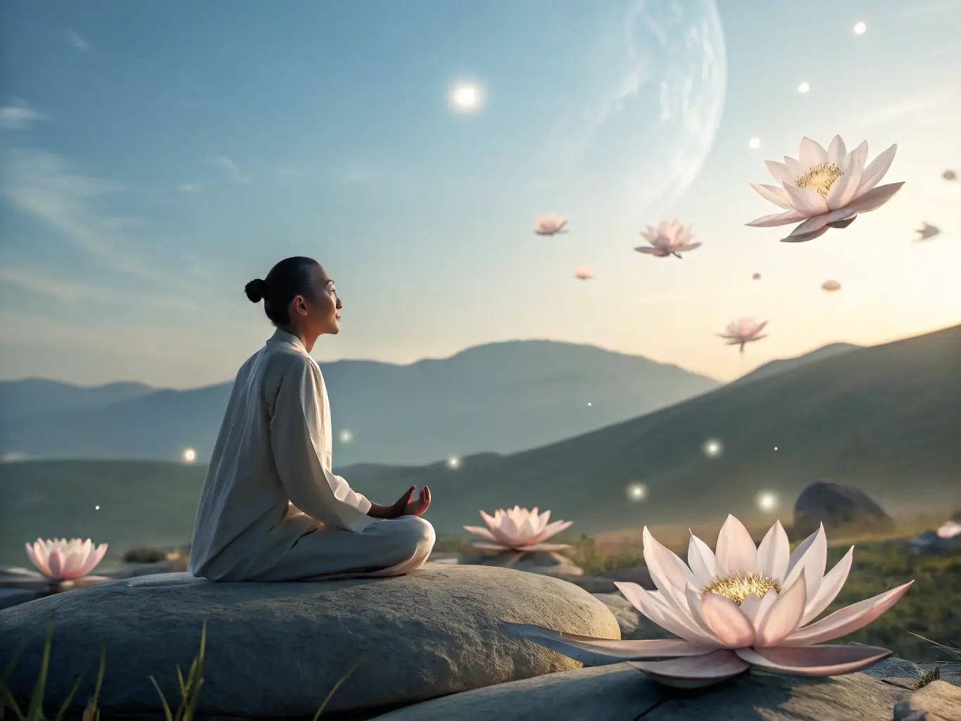 A serene image of a person meditating in a peaceful setting, emphasizing mental wellness and mindfulness, representing the 'Mind' aspect of the Triad Longevity Academy's approach.