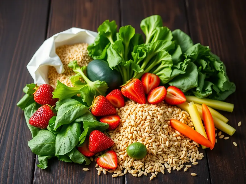 A vibrant, close-up shot of a variety of colorful, healthy foods, such as fruits, vegetables, and whole grains, arranged artfully on a wooden table. The image should convey freshness, abundance, and the joy of nutritious eating, emphasizing the 'Mouth' aspect of the triad.